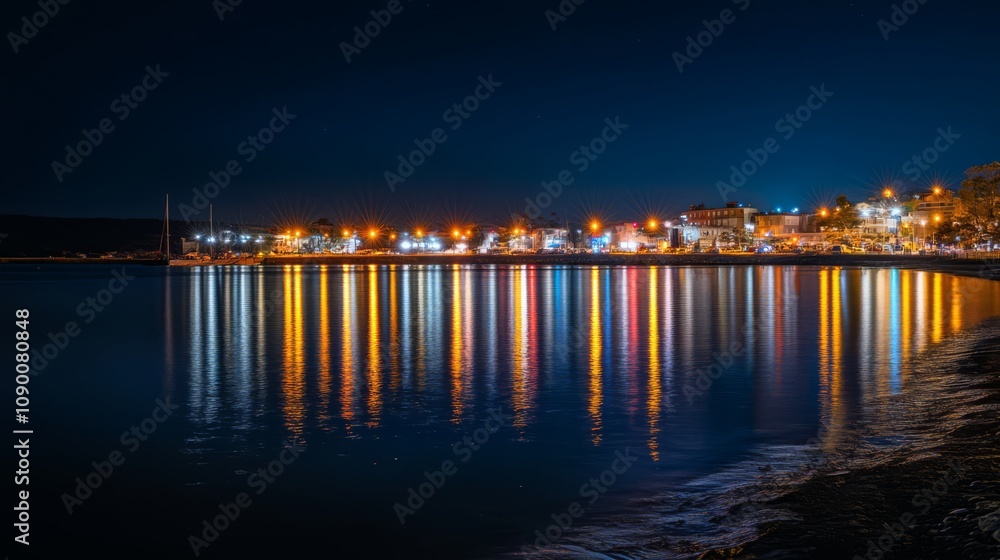 Fototapeta premium Night cityscape reflected in calm water.
