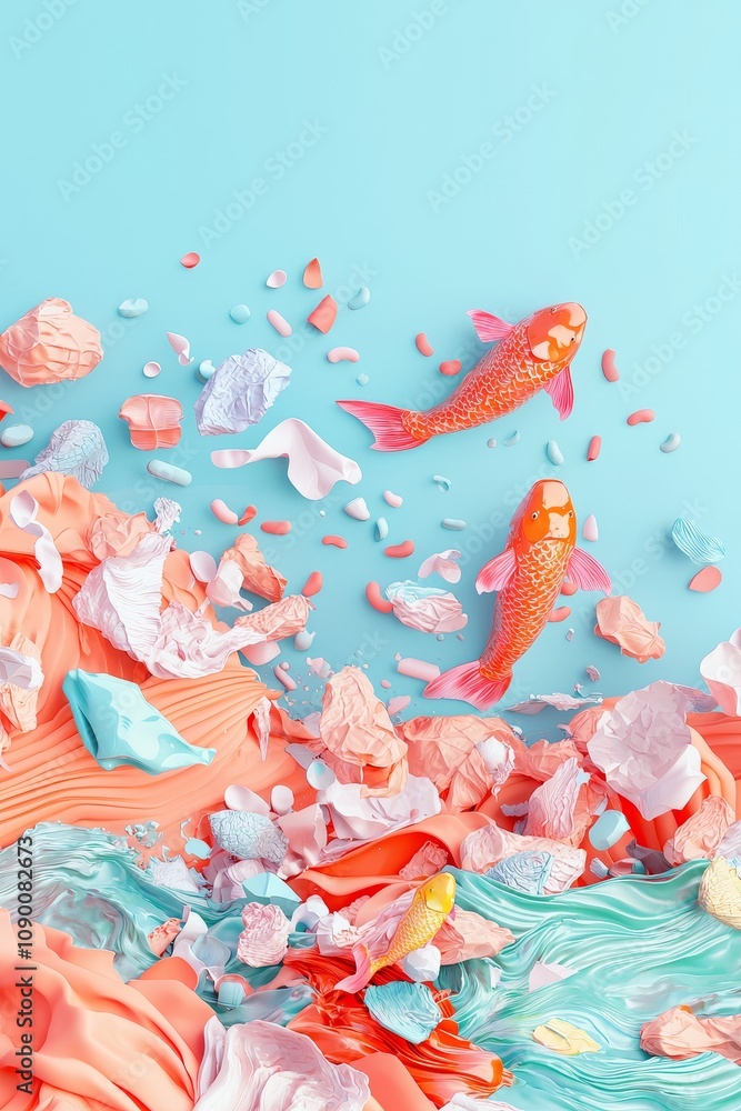 Obraz premium Vibrant koi fish swimming through colorful coral underwater scene digital art playful environment artistic viewpoint nature concept