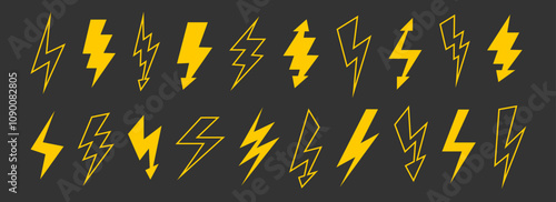 Yellow lightning bolt set. Solid and outline thunder bolt symbol collection. Flash thunderbolt element pack for poster, banner, graphic design, card. Golden strike arrow signs bundle. Vector