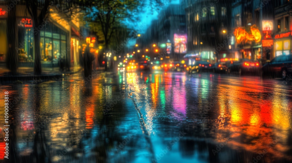 Fototapeta premium Rainy night city street reflections.