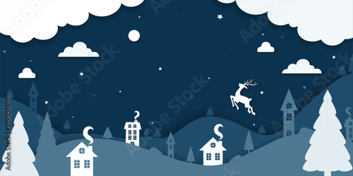 Christmas paper cut vector background design. Merry Christmas and happy new year greeting text with deer, paper cut pine tree and clouds decoration elements. Vector illustration