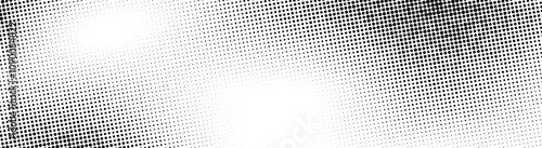 Grunge halftone background. Fading grit noise gradient texture. Black and white sand wallpaper. Wide retro pixelated backdrop. Anime or manga comic style overlay. Vector long halftone gritty bg
