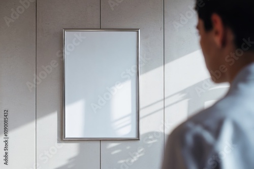 Blank white poster in sleek silver frame hanging on minimalist wall with a person in the foreground adding depth, soft lighting, and a calm modern atmosphere