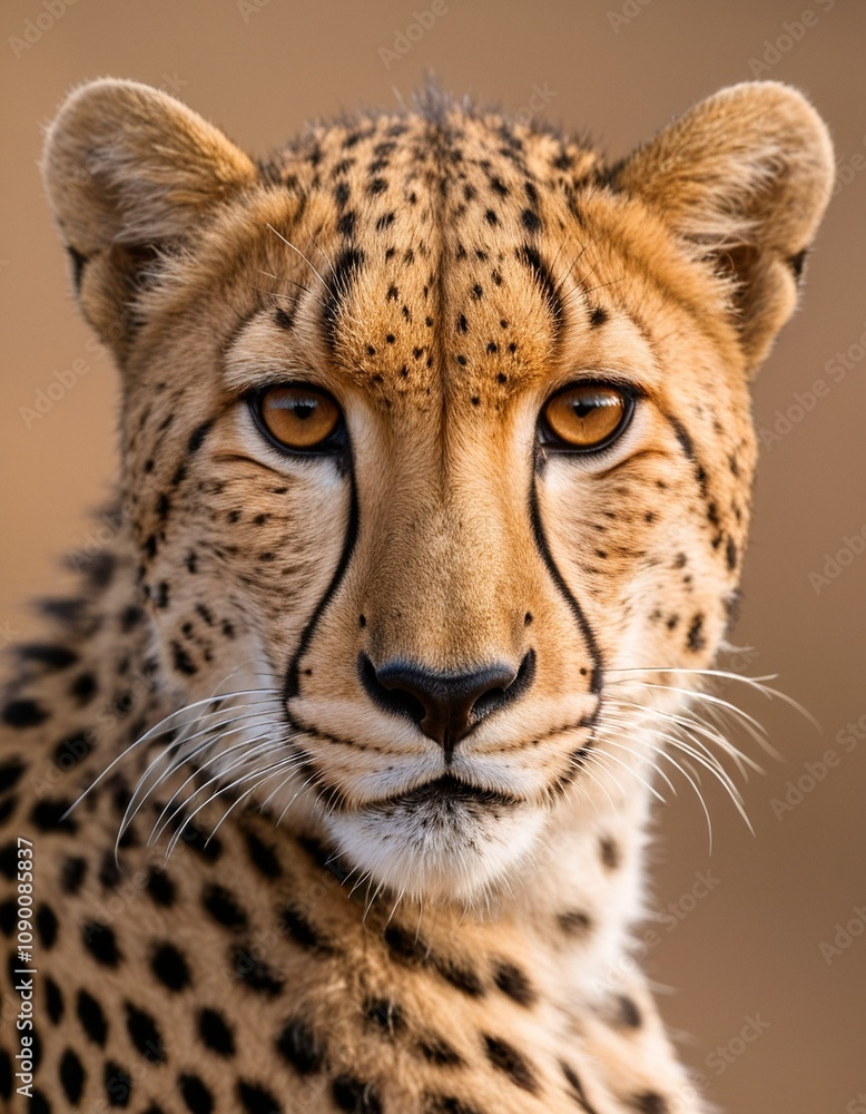 Fototapeta premium A close-up portrait of a cheetah, with a brown background, showcases its distinctive spotted fur and piercing eyes.
