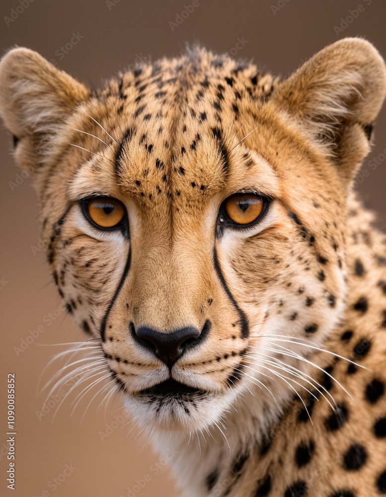 Obraz premium A close-up portrait of a cheetah, with a brown background, showcases its striking features, including its large eyes, long whiskers, and distinctive spotted fur.