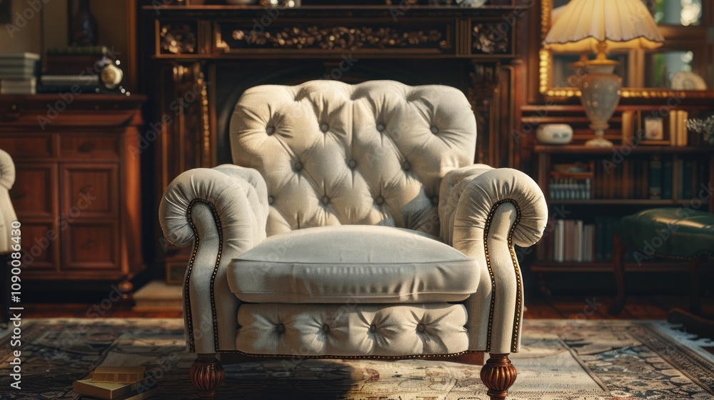 Obraz premium Elegant tufted armchair in a classic library setting.