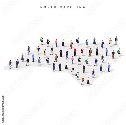North Carolina US state population map. Large group of realistic a diverse crowd of people figures. Flat vector illustration isolated on white.