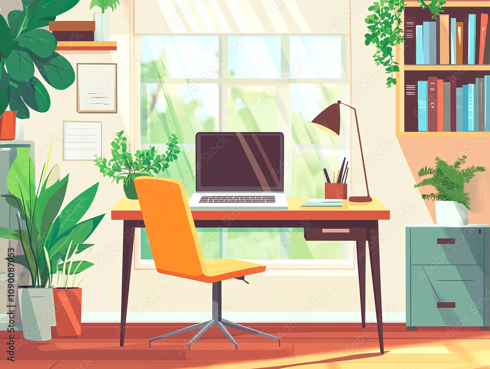 Fototapeta premium Sunny Home Office Workspace with Plants