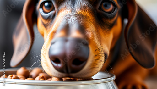 Close-up of a dachshund's face as it eats from a metal bowl, showcasing the breed's distinctive long snout and warm brown eyes against a blurred background. photo