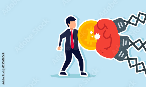 A businessman uses a shield or protection made of bitcoin to block punches from boxing gloves, illustration of stable bitcoin valuation unaffected by economic and political issues