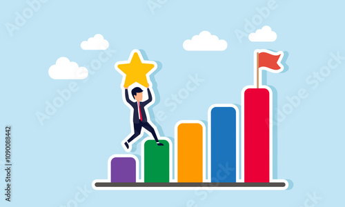 A businessman lifts and carries a star up a chart, illustration of the correlation between quality ratings and business performance