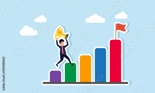 A businessman lifts and carries a trophy up a chart, illustration of the correlation between business achievement awards and business performance