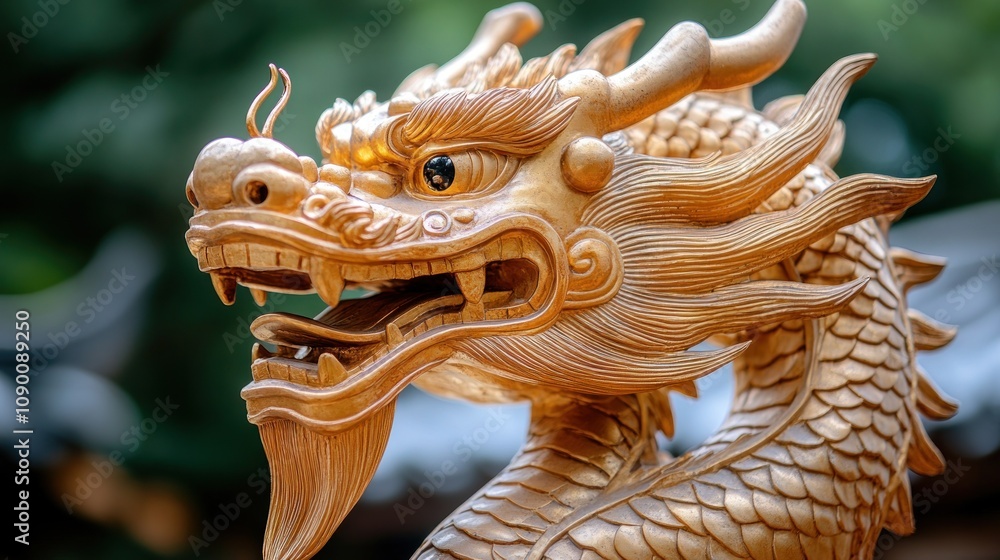 Obraz premium Golden dragon statue head close-up.