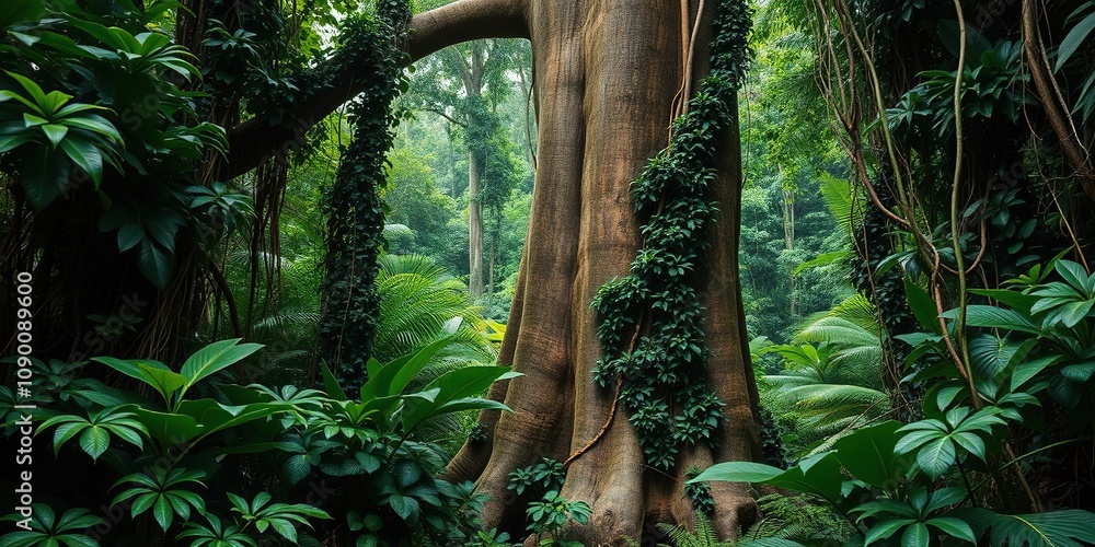 Dense foliage of lush green plants with vines and creepers snaking ...