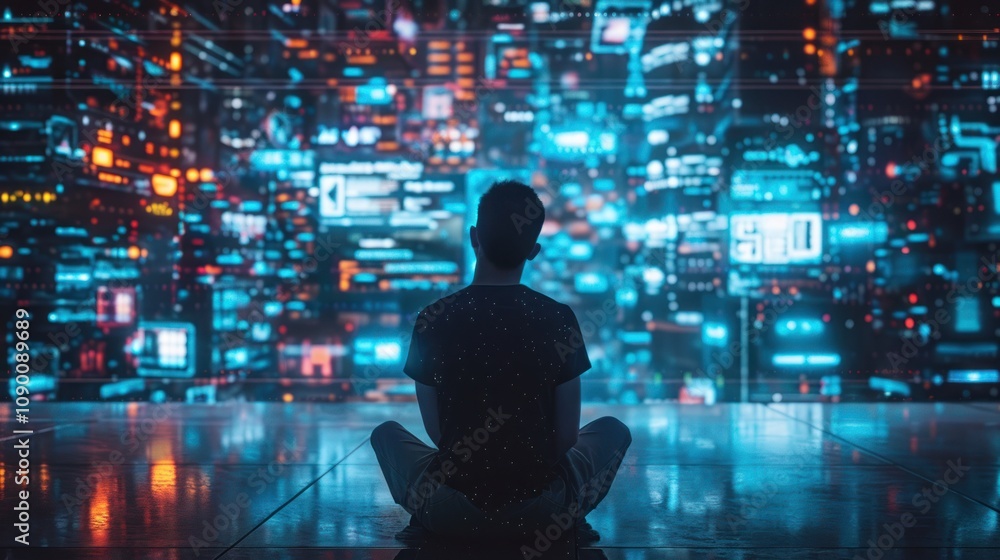 Person meditating in front of a futuristic cityscape. Person meditating in front of a futuristic cityscape.