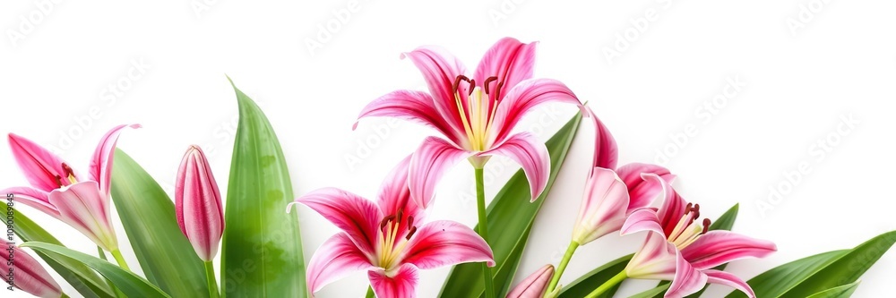 Fototapeta premium fresh green leaves and stems of blooming pink asiatic lily, leafy greens, foliage