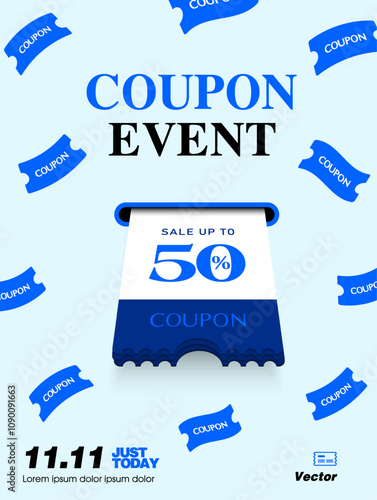 3d coupon is being printed from a slot, with percent price off, coupon code, mini coupons flying around, isolated on dark background. Print Gift voucher vector banner template for discount event