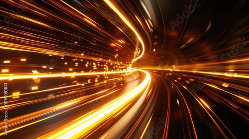 Abstract glowing orange light trails in a dark tunnel, depicting speed and energy.