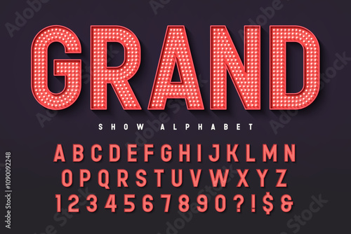 Modern bright lights alphabet design, cabaret, fairy LED lamps letters and numbers.