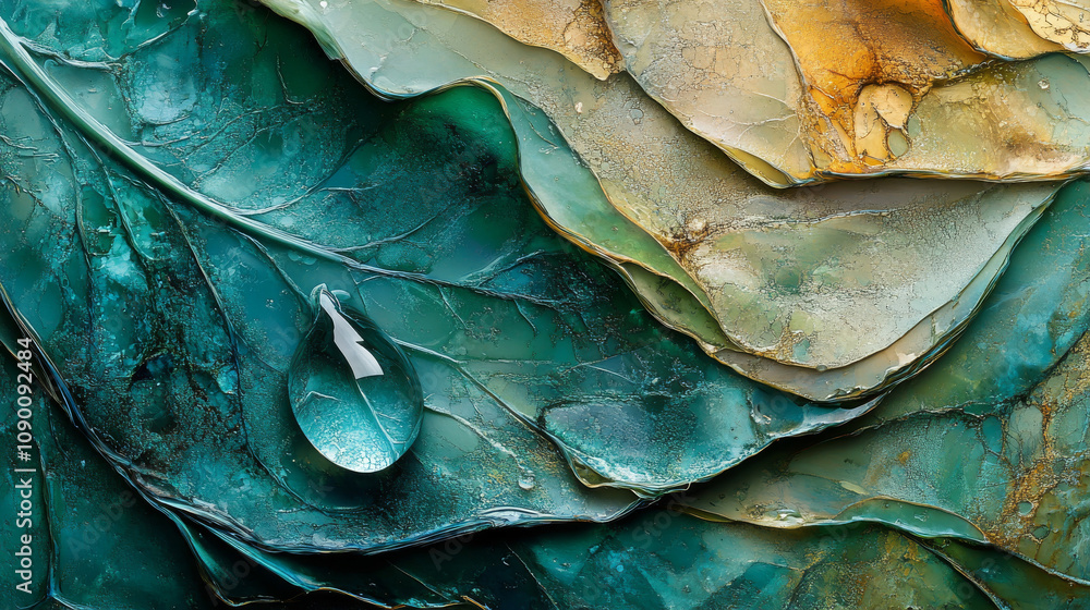 Obraz premium Water Drop on Resin Leaf: Abstract Nature Art, Teal and Gold