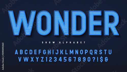 Modern bright lights alphabet design, cabaret, fairy LED lamps letters and numbers.