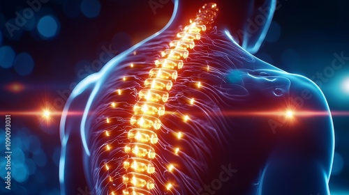 Lumbar spine pain, sacral nerve compression, human back with radiating pain photo