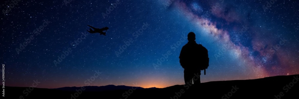 Airplane flying in starry sky with colorful milky way in background, aircraft, airplane Airplane flying in starry sky with colorful milky way in background, aircraft, airplane