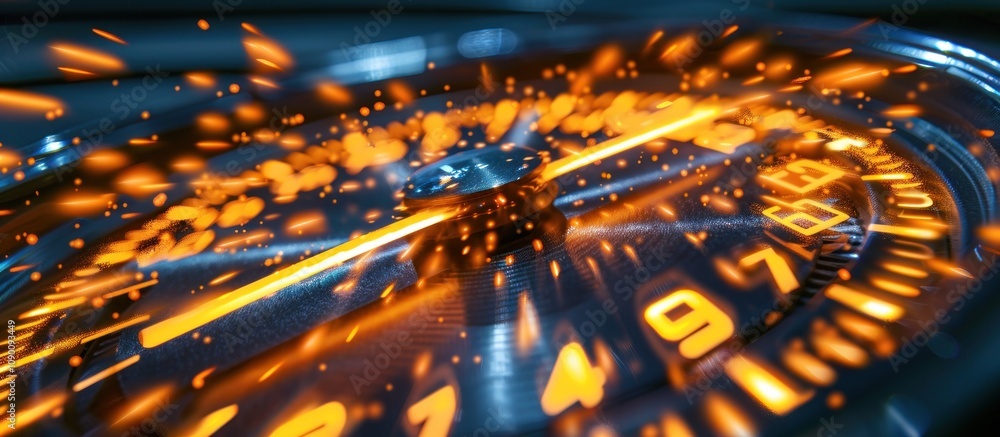 Obraz premium Glowing speedometer needle with sparks.