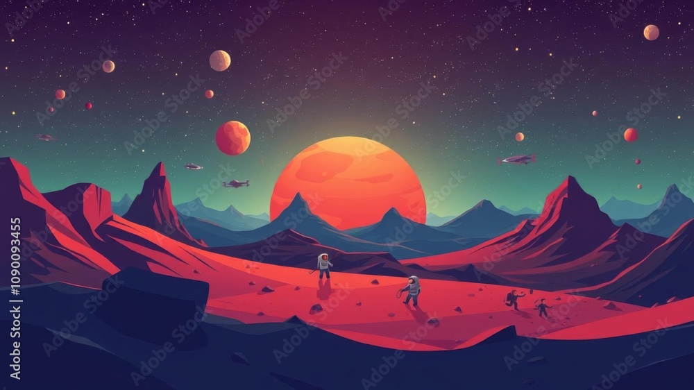Fototapeta premium Alien fantasy landscape with astronauts family on red planet surface colonization concept for computer game or poster design cartoon vector illustration, fantasy, red planet