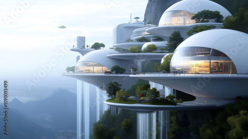 A futuristic arcological city integrated into a mountainside, with terraced gardens and cascading waterfalls adorning its exterior photo