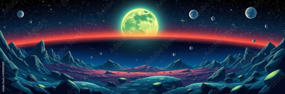 Fototapeta premium Alien night planet landscape with flying rocks, stars, glowing liquid plasma, and cracked land, liquid, cartoon