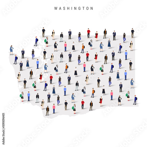 Washington US state population map. Large group of realistic a diverse crowd of people figures. Flat vector illustration isolated on white.