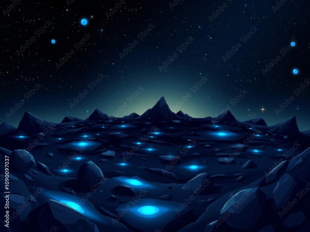 Obraz premium Alien planet with flying rocks, glowing blue spots, dark surface panorama for space game background, rocks, cartoon