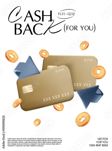 3d banking premium credit cards, 2 ways cycle arrow, flying golden coins, percent price off, isolated on white background. Cashback payment debit card icon in 3d vector. Vector illustration