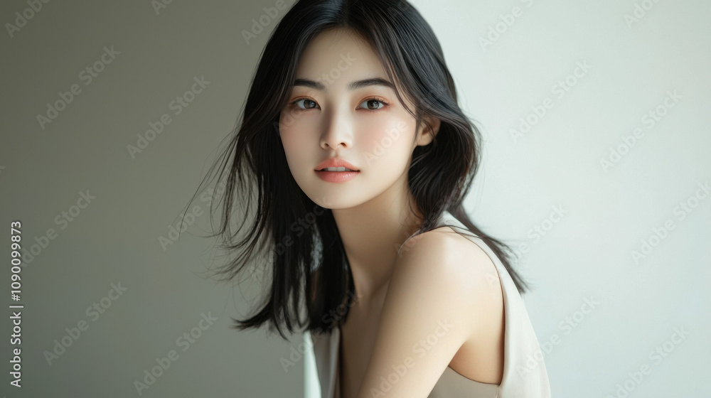 Fototapeta premium Beautiful Young Woman with Long Black Hair