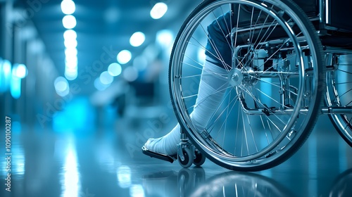 Side view of wheelchair-bound patient with leg cast elevated, hospital corridor background, polished floor, subtle reflections, soft lighting photo