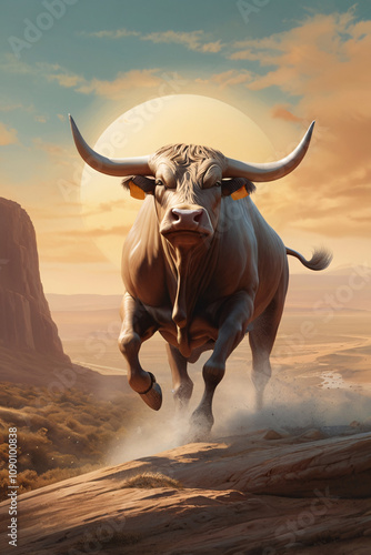 Powerful Bull running in a grandcanion with a sunset background, Representing Bullish Market Trends, Financial Growth, Stock Market Optimism, and Business Success photo