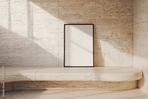 Minimalist black-framed white poster on a curved stone platform in front of a textured beige wall, with soft natural shadows creating a simple, calming scene photo