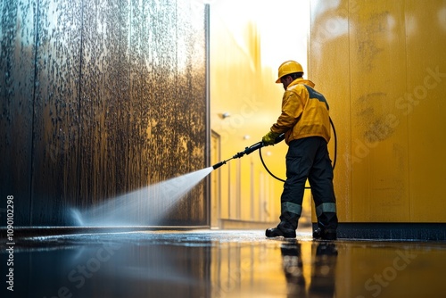 Industrial Pressure Washer Cleaning Exterior Walls  Building Facade Maintenance