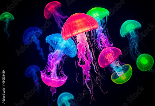 neon-colored glowing jellyfish float gracefully against a dark sea backdrop depicting other smaller fish and corals. The jellyfish, are hyper-photorealistic high gloss - generated by ai