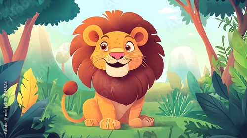 Smiling Lion Cub in Lush Jungle Illustration AI Generated photo