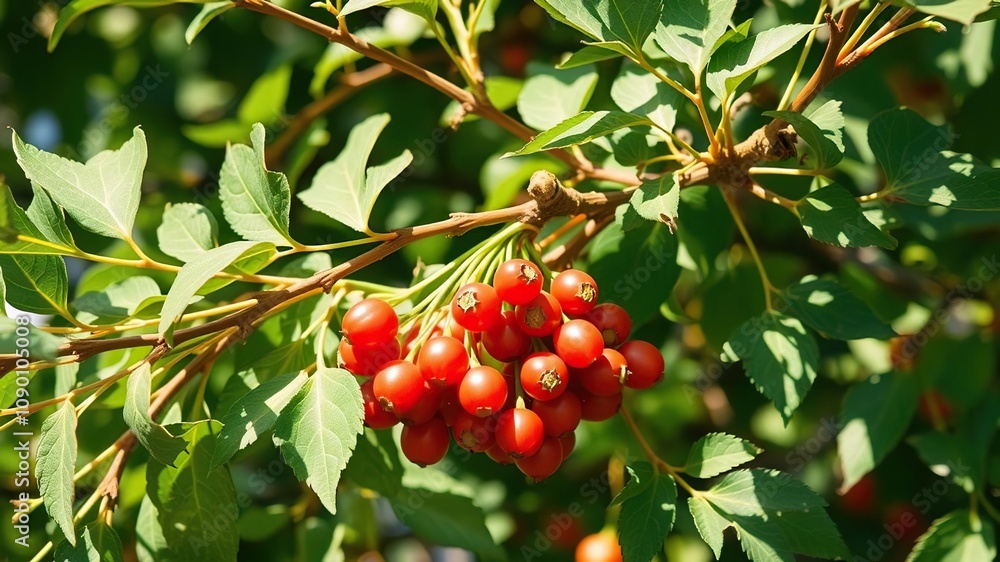 Obraz premium A cluster of fresh goji berries nestled among the lush green leaves and stems of a young tree branch, with sunlight filtering through the foliage, vegetation, plant