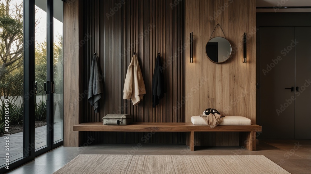 Modern entryway with wood paneling, bench, and coat hooks. Modern entryway with wood paneling, bench, and coat hooks.