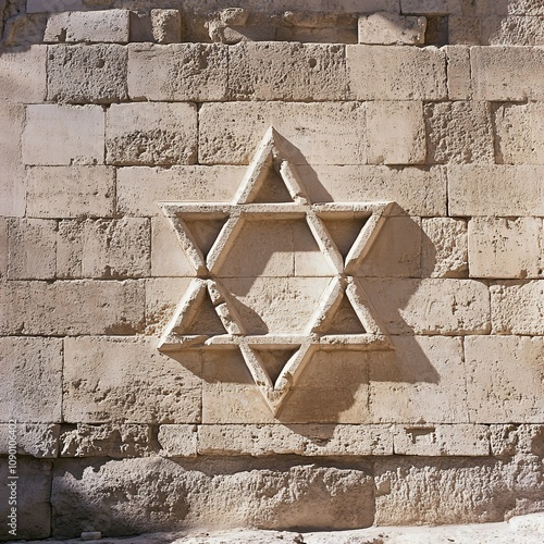 A stone wall features a prominent Star of David emblem, symbolizing Jewish identity and culture.