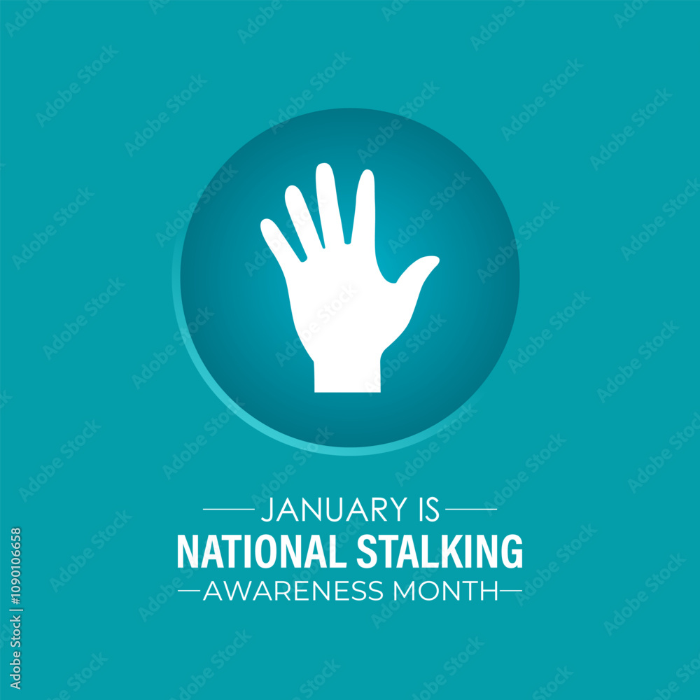 Obraz premium Vector graphic of National Stalking Awareness Month banner design template. Realistic Ribbon, hands icon and colourfull backgraound. Design for cards, prints, social media, poster, flyer.