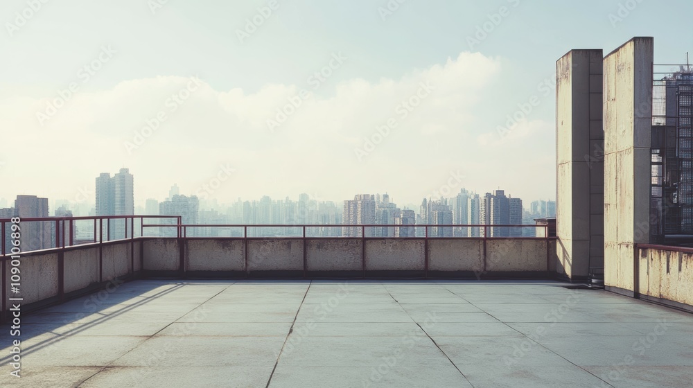 Obraz premium Urban Rooftop Scene Under Open Sky Featuring Minimal Railing and Expansive View of City Skyline with Soft Clouds in the Background