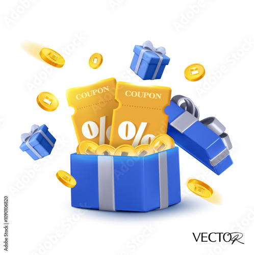 3d golden coupons inside an opened blue gift box with golden coins flying around, isolated on white background. Gift voucher with coupon code icon in 3d vector. Vector illustration