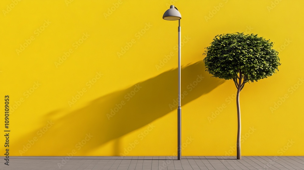 Εκτύπωση καμβά Minimalist Yellow Wall with Tree and Streetlamp: A simple yet striking image featuring a vibrant yellow wall, a slender streetlamp, and a small, round tree casting a long shadow