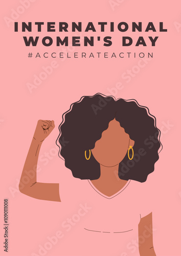 International Womens Day 8 march poster. Campaign 2025 AccelerateAction. Curly woman showing strength in her hand. Faceless female avatar. Flat vector illustration