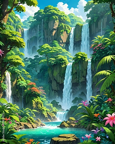 A majestic waterfall in a lush rainforest, surrounded by vibrant vegetation and colorful flowers, anime style